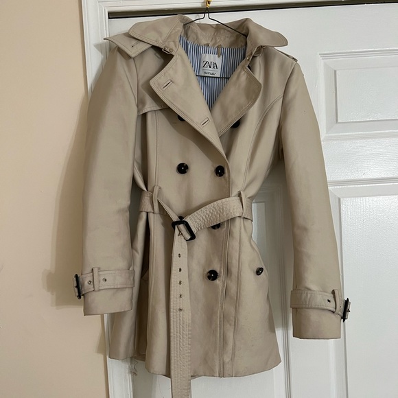 Zara khaki beige trench coat short with zipper hood US size Medium EUR M - Picture 2 of 11